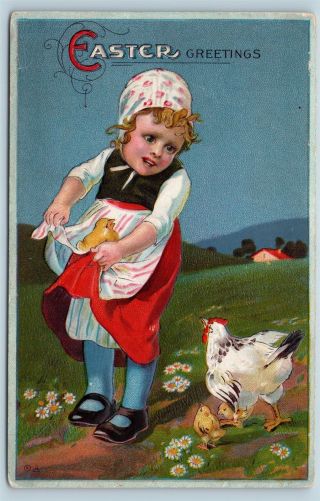 Postcard Easter Greetings Girl Taking Baby Chick From Hen C1912 K22