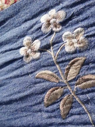 GORGEOUS COUNTRY FARMHOUSE DENIM & BLUES VINTAGE WILDFLOWER EMBROIDERY QUILT 3