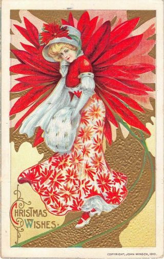 Winsch Schmucker Pretty Lady In Red Christmas Poinsettia Postcard Emb Gold - C265