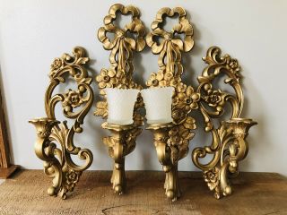 Vintage Syroco Molded Gold Candle Holder Four Sconces Wall Hanging Plaque Decor