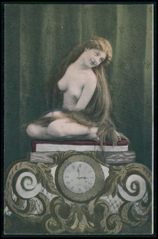 Bb Photogravure Nude Woman Oin Clock Red Hair Long Hair 1900s Postcard