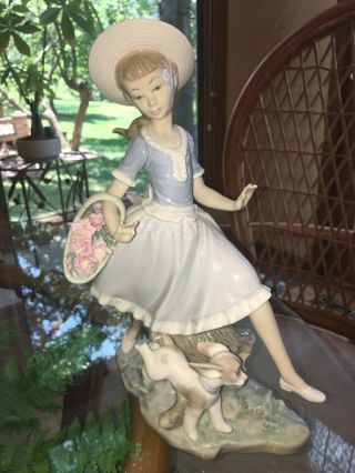 Lladro Skipping Girl With Puppy And Flower Basket