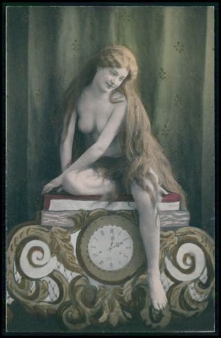 Aa Photogravure Nude Woman Oin Clock Red Hair Long Hair 1900s Postcard