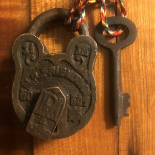 1700 - 1800’s Brass Lock & Key Antique Old Tool Safe Chest Padlock Handmade