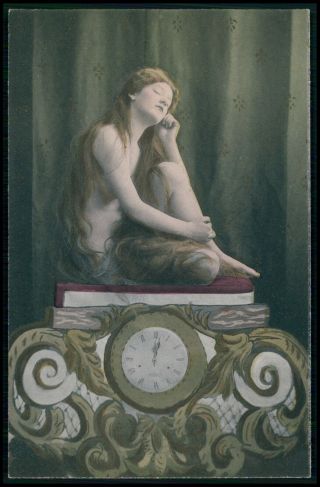 Cc Photogravure Nude Woman Oin Clock Red Hair Long Hair 1900s Postcard