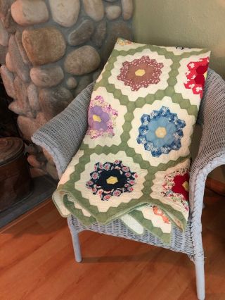 Vintage Grandmothers Flower Garden Quilt Completely Hand Sewn Needs Tlc 76 X 67”