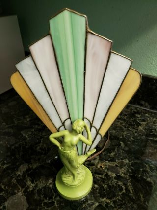 Vintage Art Deco Nude Lady Figural Lamp W/ Stained Glass Fan Shade