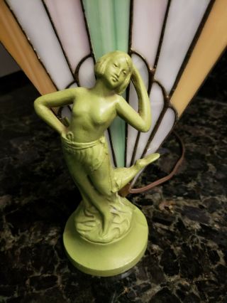 Vintage Art Deco Nude Lady Figural Lamp w/ Stained Glass Fan Shade 2