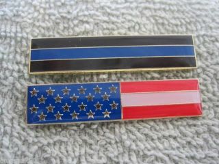 Thin Blue Line & AMERICAN FLAG ENAMEL CITATION BAR PIN TWO PC TBL BADGE SET 2