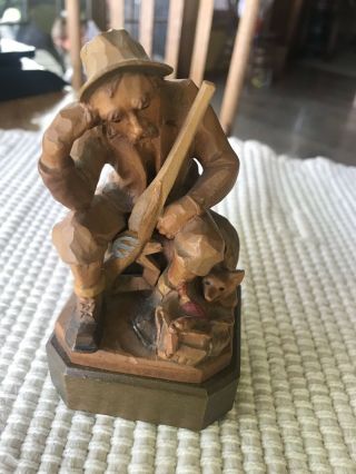 Vintage Anri Hand Carved Wood Statue Italy Sitting Hunter With Gun And Fox