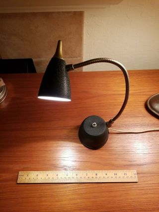 Small Mid Century Modern Atomic Gooseneck Black & Brass Desk Lamp,  50 
