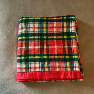Vintage Blanket Red Green Plaid With Red Nylon Satin Binding 88 " X 92 " Unbranded