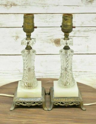 Vintage Hollywood Regency Style Glass Crystal Brass Footed Table Lamp Set Of 2
