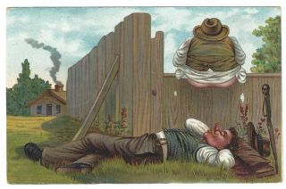 Scatalogical Comic Humor Man Butt Sitting Fence Over Sleeping Postcard