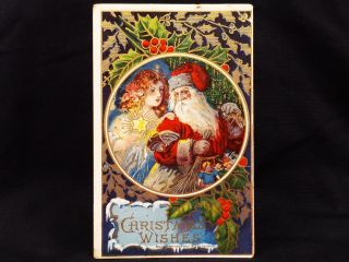 Antique 1912 Germany Embossed Christmas Santa Red Angel Cherub Tree Postcard
