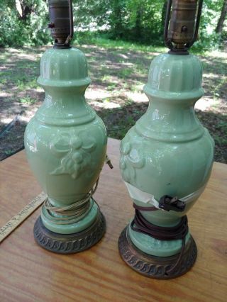 Vintage Creamy Green Ceramic Brass Porcelain Table Lamps,  Mid Century