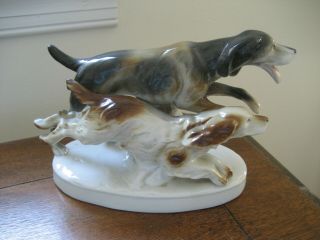 Vintage Pointer Hunting Dogs Porcelain Figurine - Signed - Made In Germany