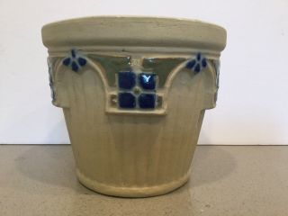 Vtg Arts & Crafts Ivory Blue Green Roseville Art Pottery Flower Pot Planter 5 "