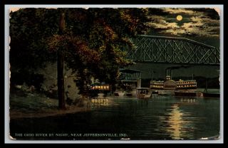Jeffersonville Indiana Ohio River At Night Steamship Postcard