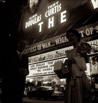 1950s Photo Negative Nyc Times Square Theatre Lights Silhouette Tourists In City