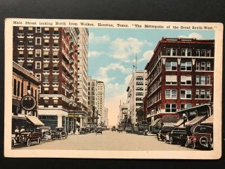 Postcard Houston Tx C1920s - Main Street Looking North From Walker