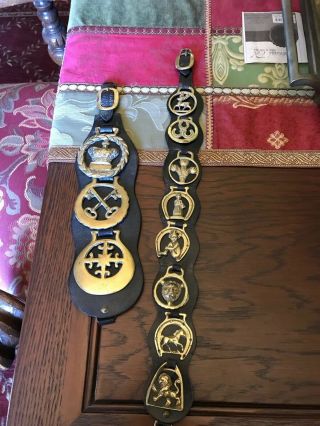 2 Vintage Antique Leather Horse Bridle Saddle Straps With 11 Brass Medallions 3