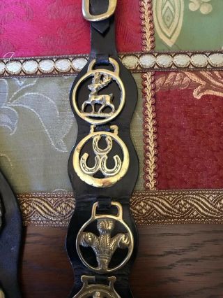 2 Vintage Antique Leather Horse Bridle Saddle Straps With 11 Brass Medallions 4