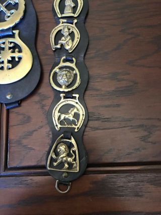 2 Vintage Antique Leather Horse Bridle Saddle Straps With 11 Brass Medallions 6