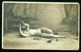 Nude French Beauty Woman Lie On The Floor,  Early Postcard 1900s Vtg