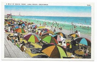 Vintage California Linen Postcard A Mile Of Beach Front Long Beach Umbrellas