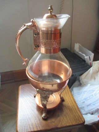 Vintage Coffee Carafe Clear Glass With Copper Lid,  Handle And Copper Stand