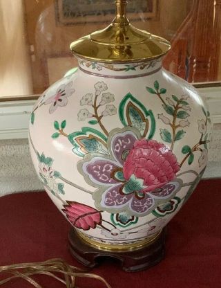 Oriental Table Lamp Pink White Floral Motif Ceramic Ginger Jar 27 " Vtg