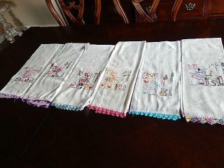 Vintage 6 Days Of The Week Hand Embroidered & Crochet Cotton Dish Towels