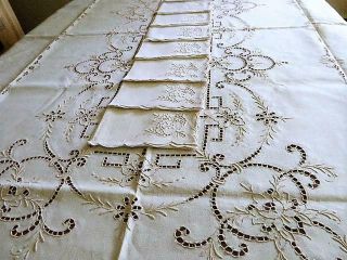 Vintage Cream Linen Hand Embroidery Cutwork Lace Tablecloth 8 Napkins