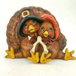 Vintage Thanksgiving Pilgrim Turkey Couple Ceramic Figurine Fall Decor