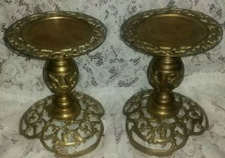 Set Of 2 Vintage Very Ornate Brass Wide Pillar Candle Holders