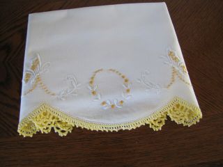 Vintage Single Pillowcase Embroidered & Crocheted Butterflies Laurel Leaves Wow