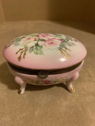 Royal Crown Hand Painted Porcelain Floral Pink Footed Trinket Box 33/835 Vtg
