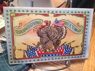 Vintage Patriotic Thanksgiving Postcard Turkey With Flags,  Banners,  Star Border