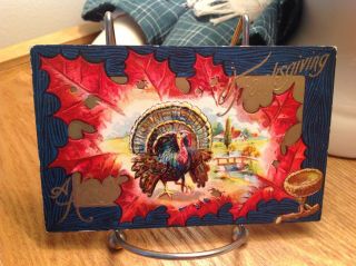 Vintage Thanksgiving Postcard Turkey Scene,  Red Leaf,  Blue Wood Frame