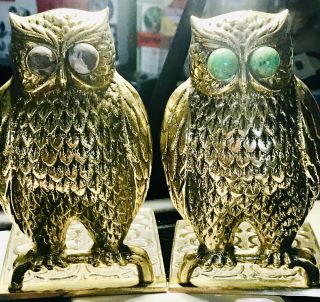 Brass Owl Stone Eyes Book Ends Pair Bookends Handmade In Israel Vintage