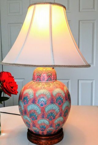 Vtg Chinese Porcelain Ceramic Pottery Ginger Jar Lamp Peacock Design/no Shade