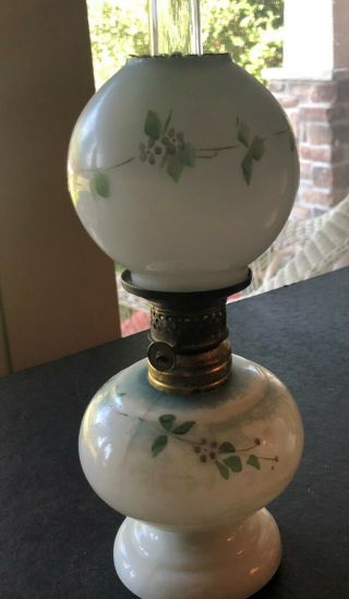 Antique Blue On White Milk Glass With Painted Flowers Gwtw Miniature Oil Lamp