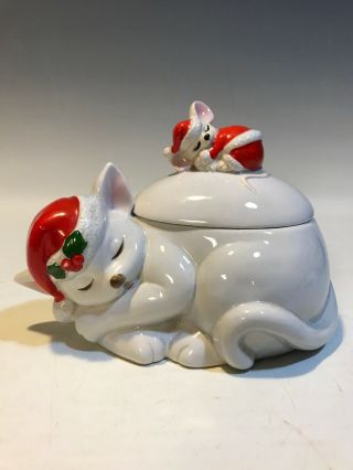 Fitz And Floyd Christmas Cat And Mouse Lidded Box Santa Hat Suit 1979