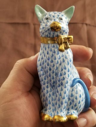 Herend Hvngry Blue Cat Figurine Signed And Numbered.