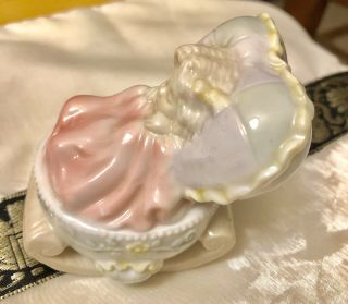 RARE - Vintage Porcelain Baby Girl in Bassinet Miniature - Midwestern Home 3.  25” 2