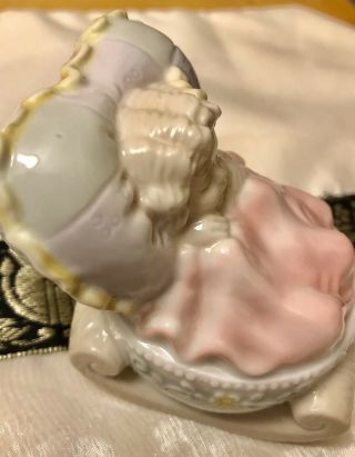 RARE - Vintage Porcelain Baby Girl in Bassinet Miniature - Midwestern Home 3.  25” 3