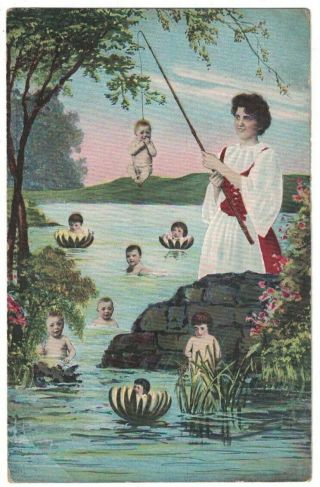 Antique 1910 Victorian Lady Fishes For Babies In Lake Postcard