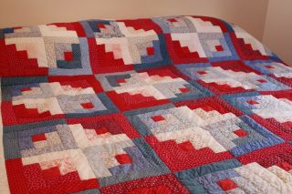 Vintage Cotton Huge Hand Stitched Quilt Red White And Blue 90x106