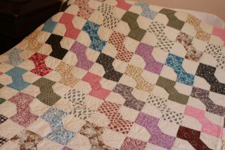 Vintage Cotton Hand Stitched Quilt Bow Tie Pattern 66x78 6